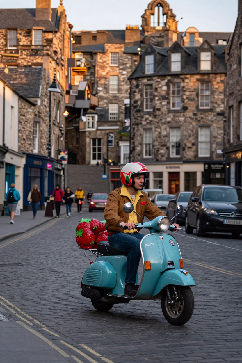 Colorful 1970s Edinburgh Evening Scene with Scooter and Strawberries in in Edinburgh, United Kingdom