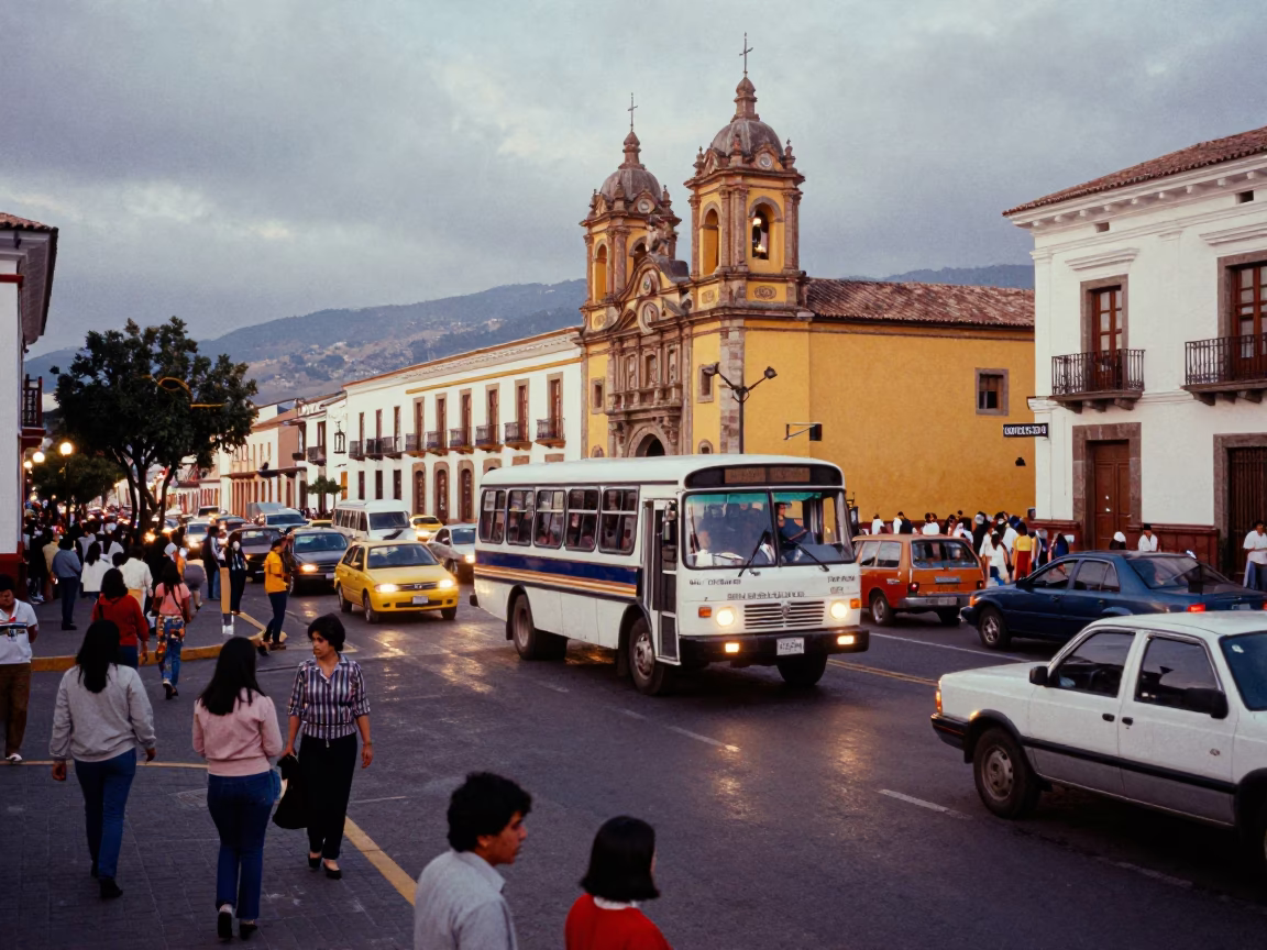 Colorful 1970s Evening Street Scene in Quito Ecuador with Local Activity in in Quito, Ecuador