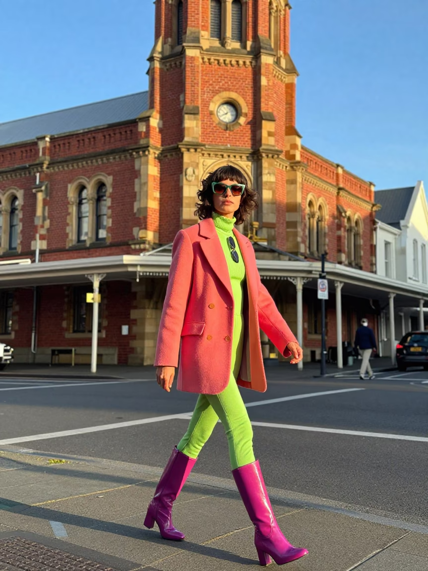 Colorful 1970s Fashion Street Style Portrait in Christchurch New Zealand Early Afternoon in in Christchurch, New Zealand