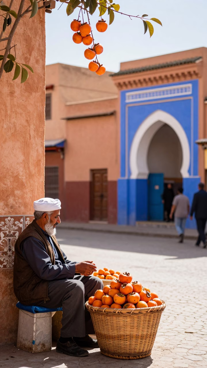 Colorful 1970s Fez Morocco Street Scene with Persimmons and Traditional Architecture in in Fez, Morocco