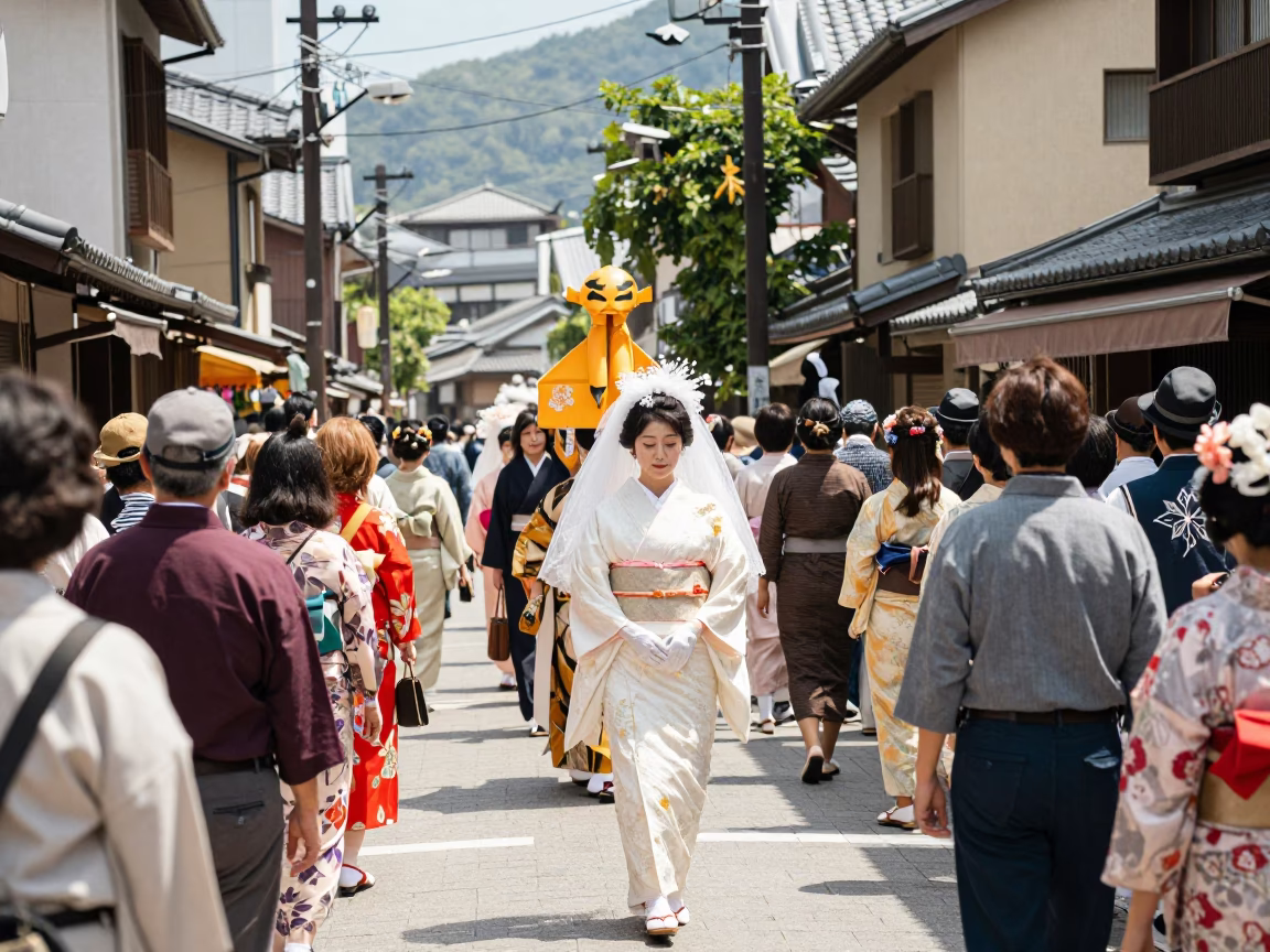 Colorful 1970s Fukuoka Street Scene with Traditional Wedding Procession and Zinnias in in Fukuoka, Japan