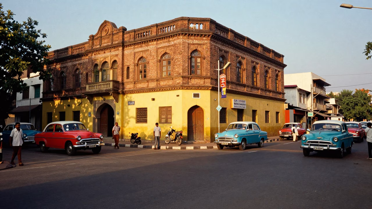 Colorful 1970s Hyderabad Street Scene with Vintage Carafe and Local Market Activity in in Hyderabad, India