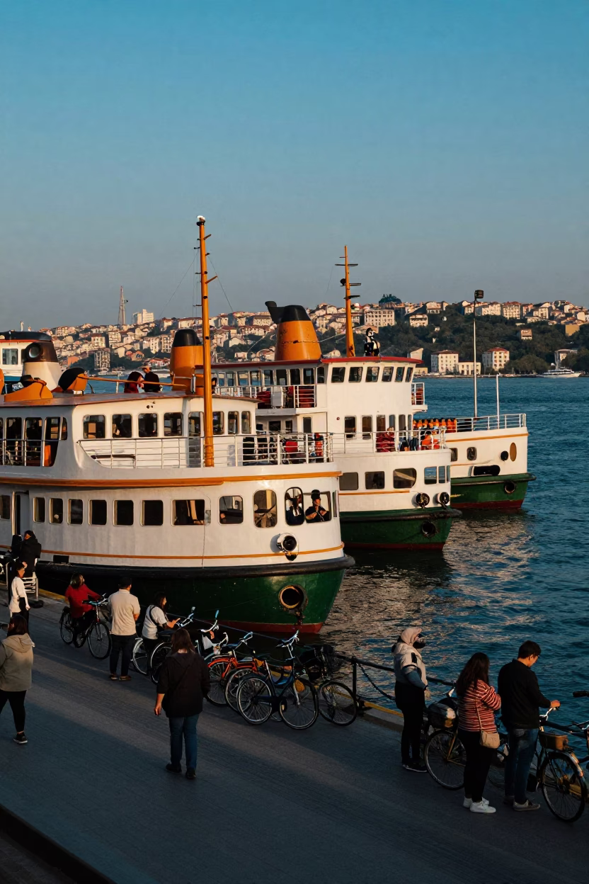 Colorful 1970s Istanbul Blue Hour Ferry Dock Loading Passengers and Bicycles in in Istanbul, Turkey