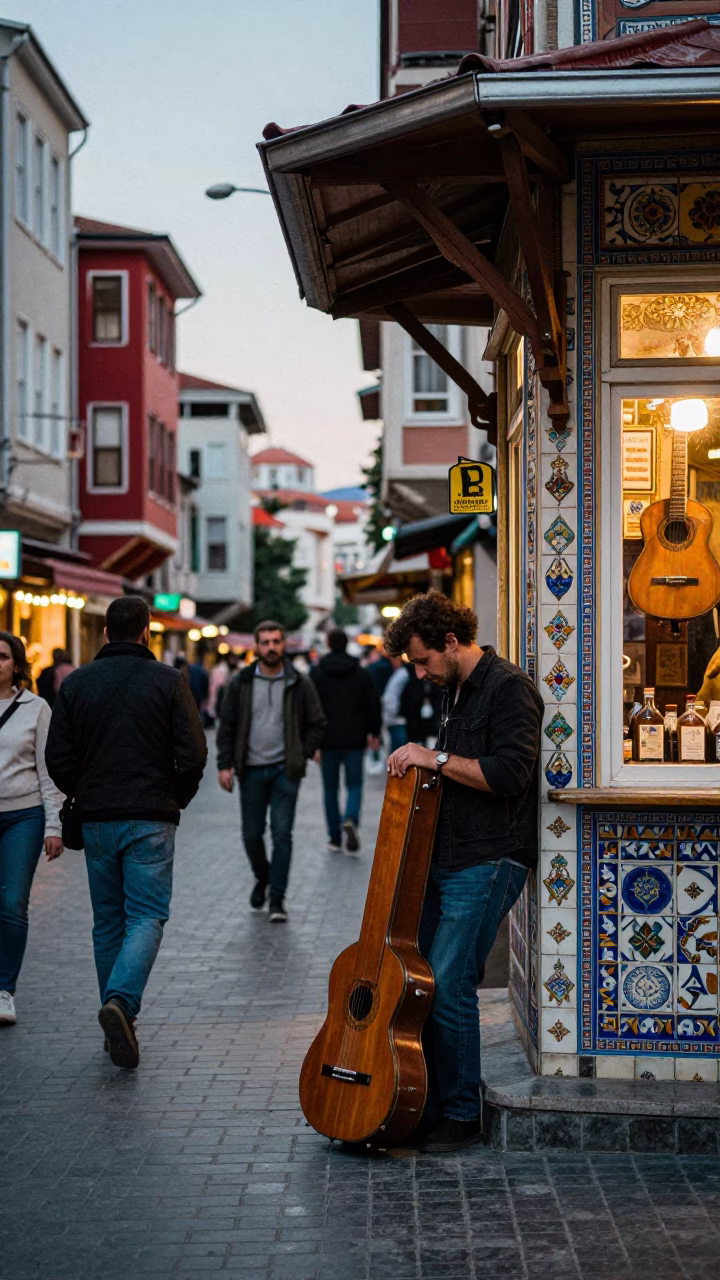 Colorful 1970s Istanbul Evening Street Scene with Vintage Guitar and Local Interaction in in Istanbul, Turkey