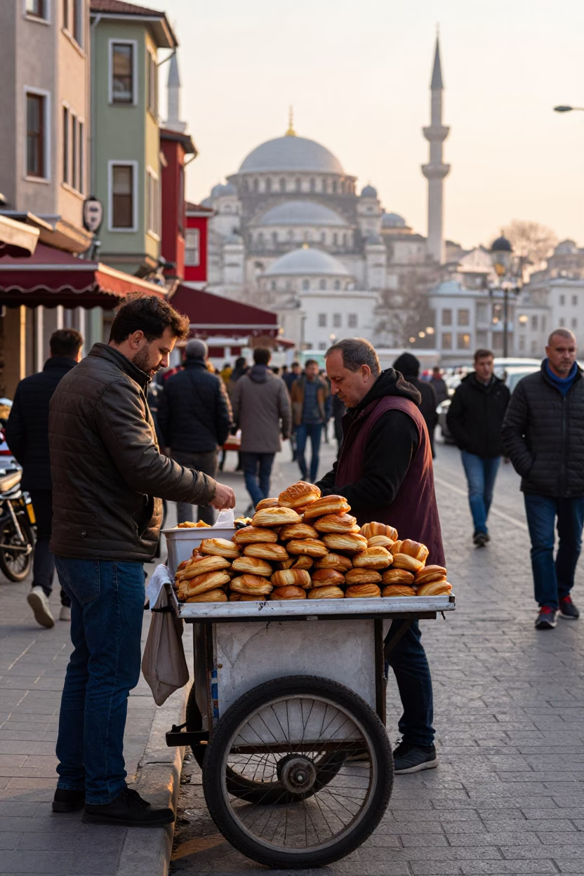 Colorful 1970s Istanbul Street Scene with Pastries and Morning Light in in Istanbul, Turkey