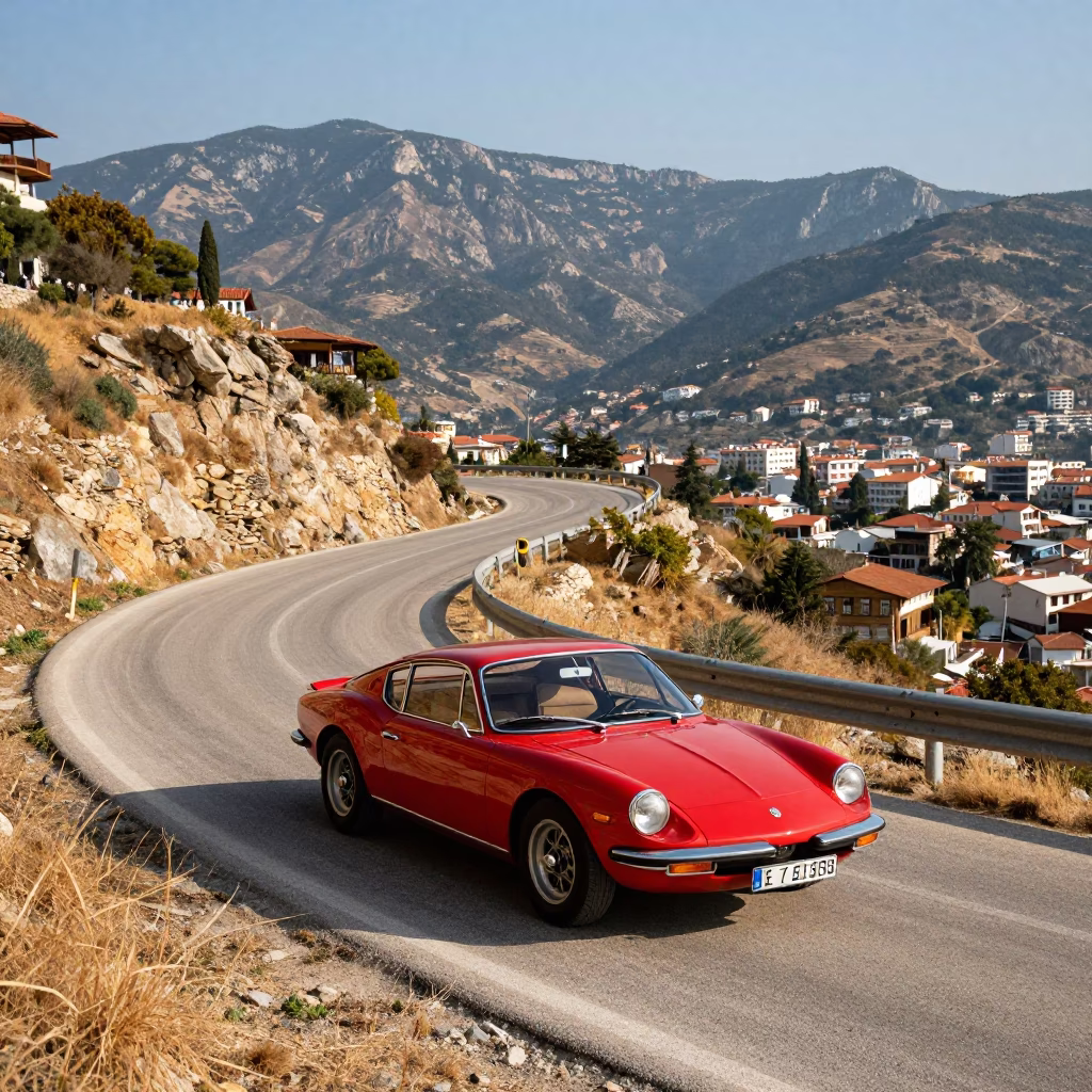 Colorful 1970s Izmir Turkey Street Scene with Vintage Red Sports Car on Mountain Road in in Izmir, Turkey