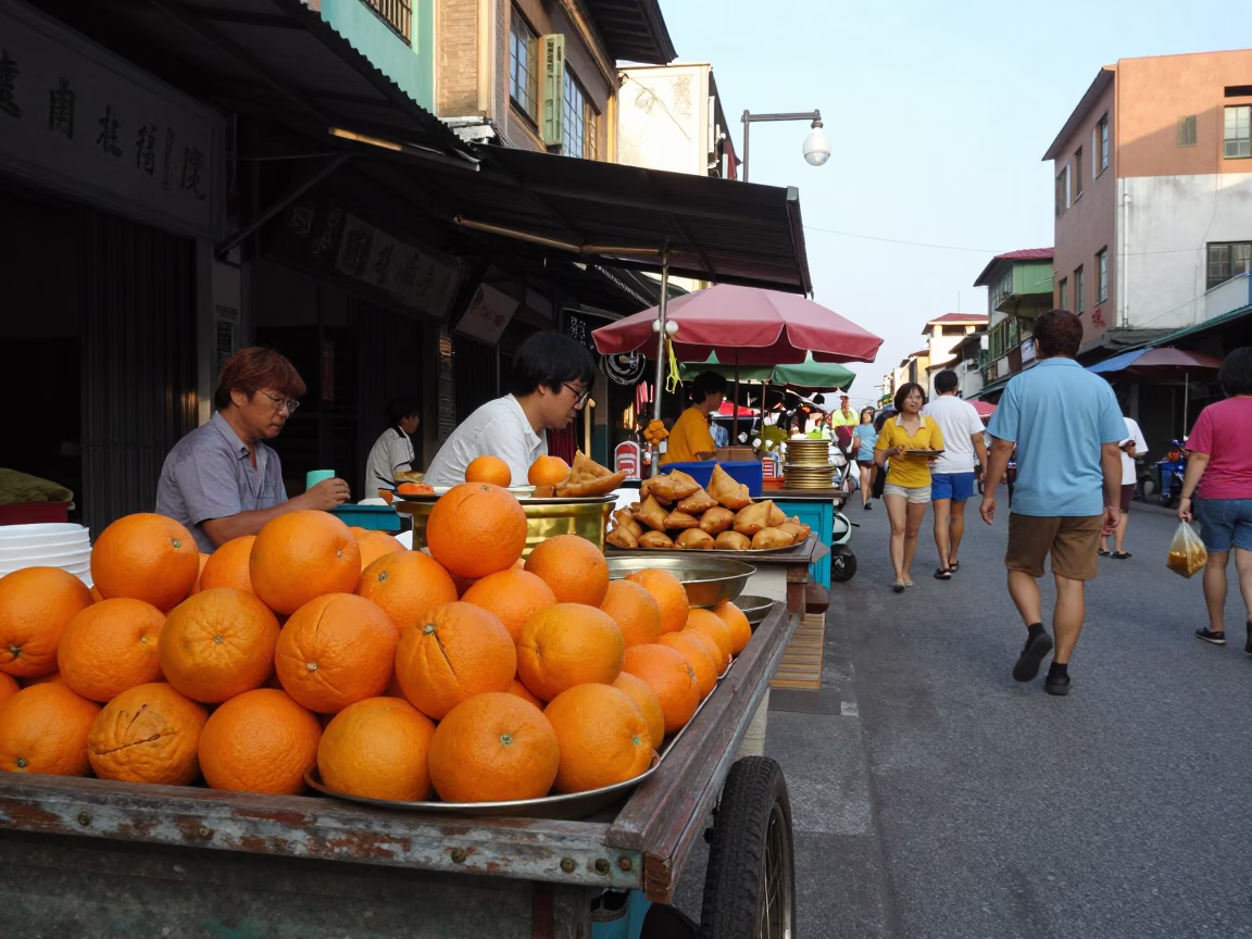 Colorful 1970s Kaohsiung Street Scene with Brass Plate Samosas and Oranges in in Kaohsiung, Taiwan