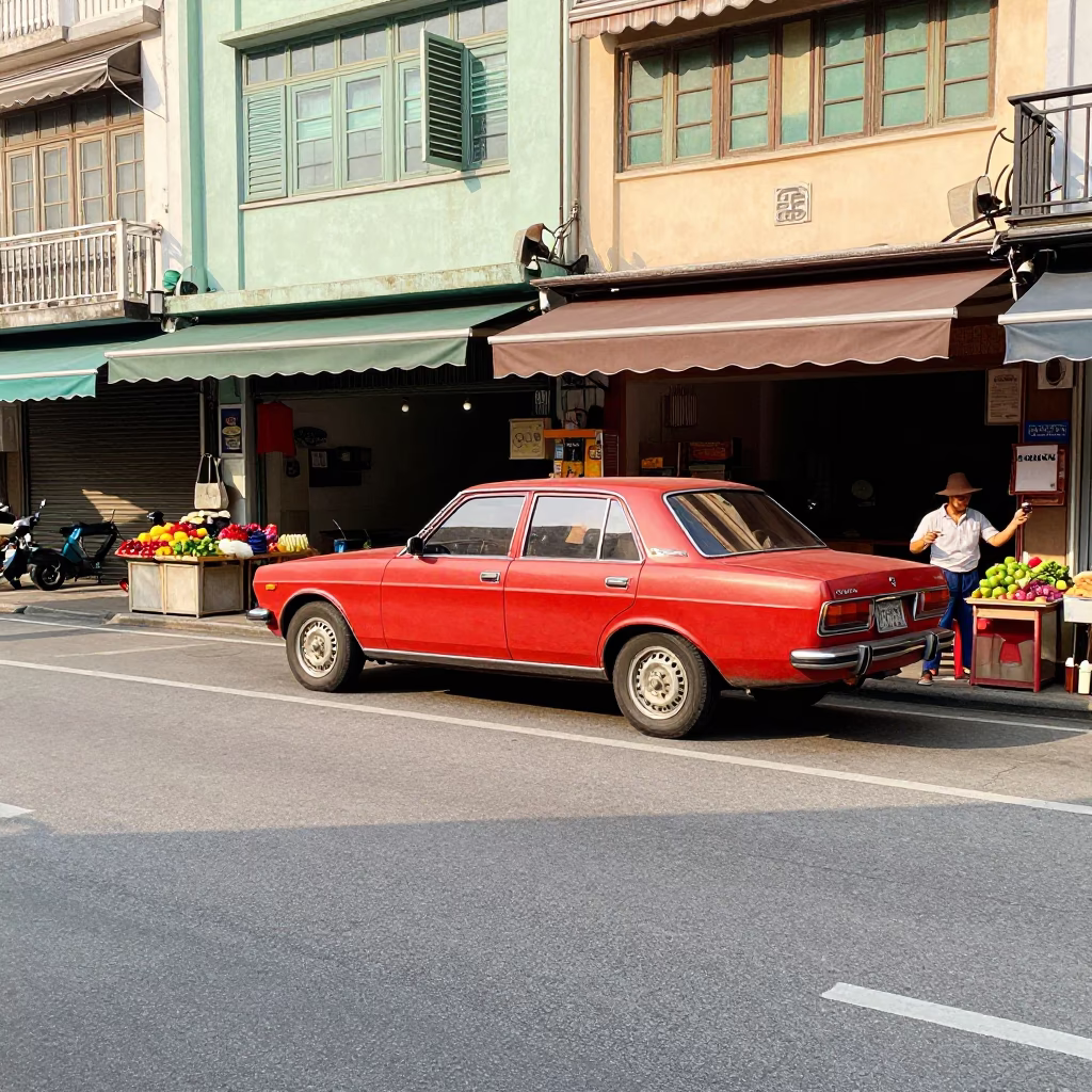Colorful 1970s Kaohsiung Street Scene with Vintage Car and Local Commerce in in Kaohsiung, Taiwan