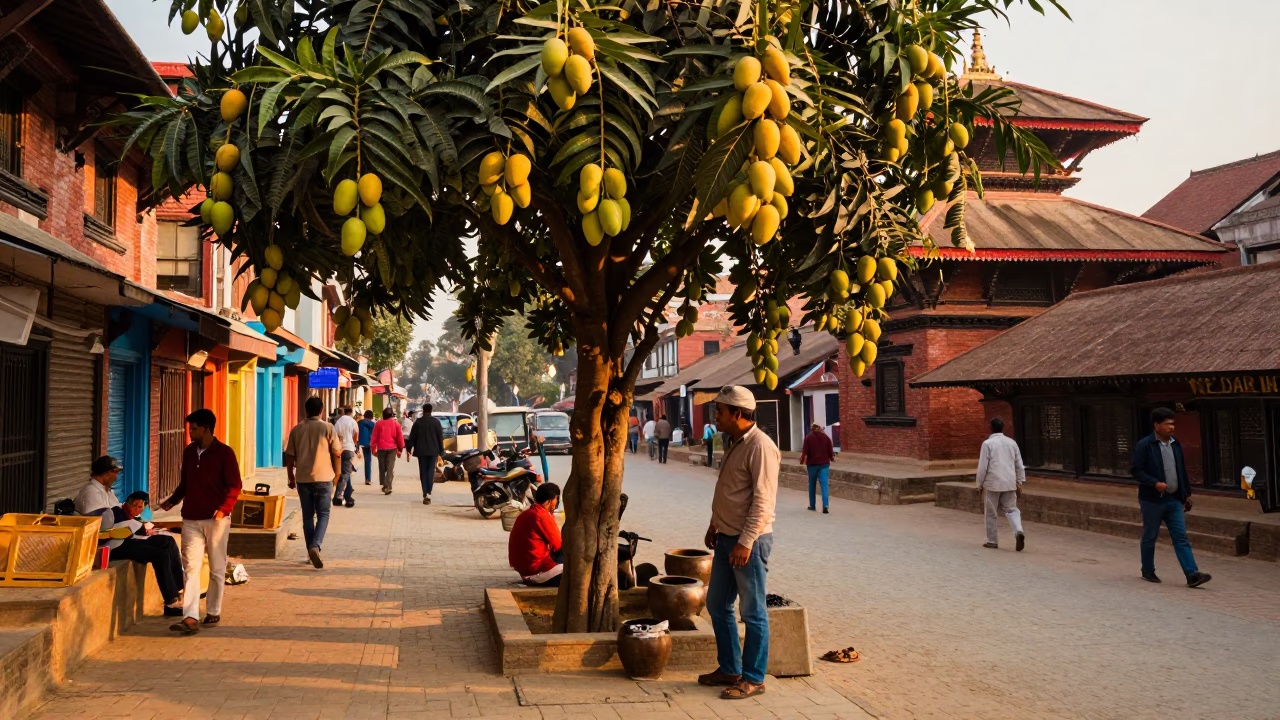 Colorful 1970s Kathmandu Street Scene at Sunset with Mango Tree and Local Life in in Kathmandu, Nepal