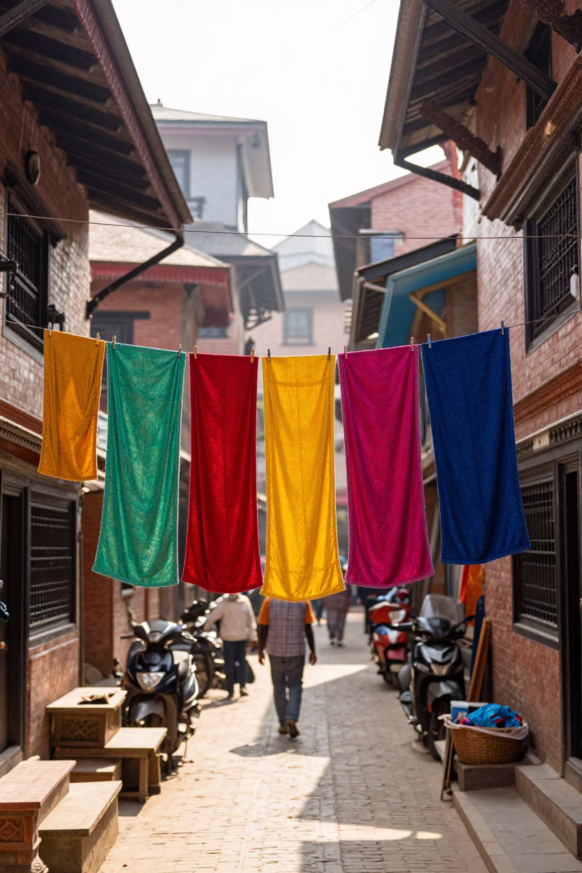 Colorful 1970s Kathmandu Street Scene with Drying Towels and Traditional Architecture in in Kathmandu, Nepal
