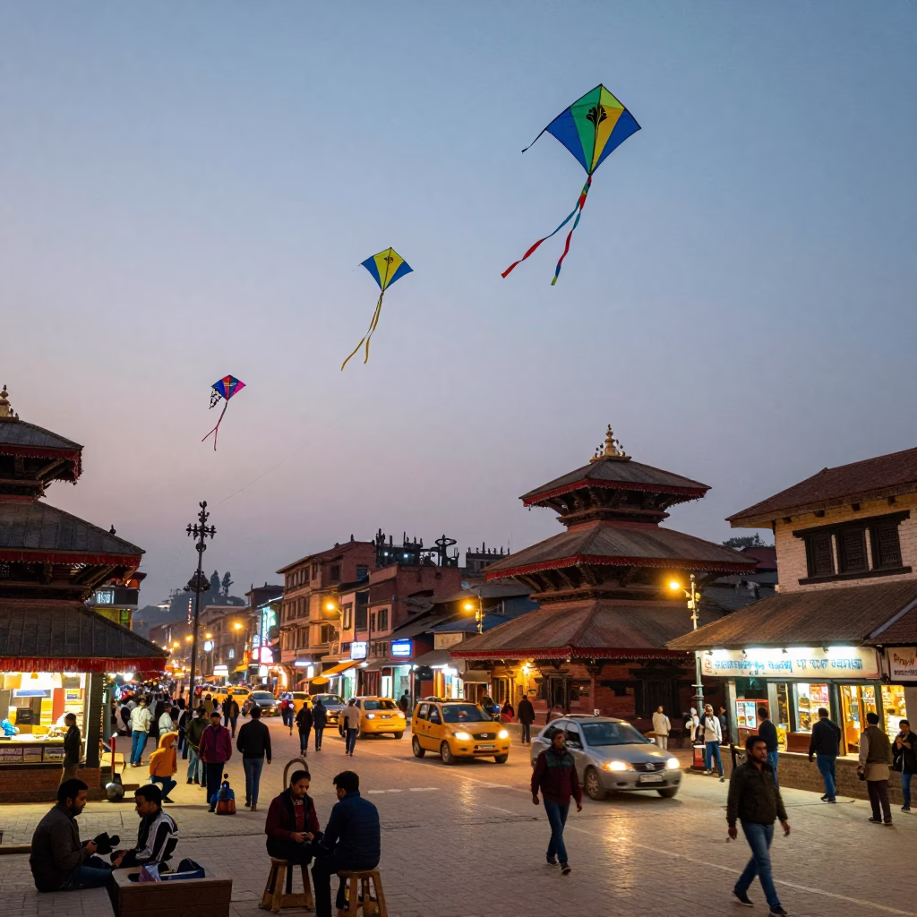 Colorful 1970s Kathmandu Street Scene with Kites at Dusk in in Kathmandu, Nepal