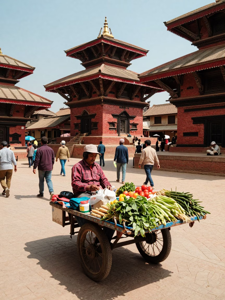 Colorful 1970s Kathmandu Street Scene with Local Vendor and Traditional Architecture in in Kathmandu, Nepal