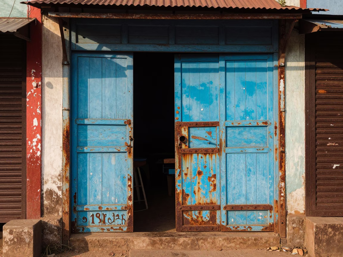 Colorful 1970s Kochi Street Scene with Rusty Doorframe and Fresh Onions in in Kochi, India