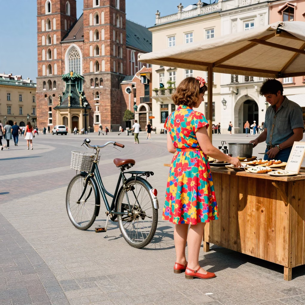 Colorful 1970s Krakow Street Scene with Vintage Bicycle and Market Stall in in Krakow, Poland
