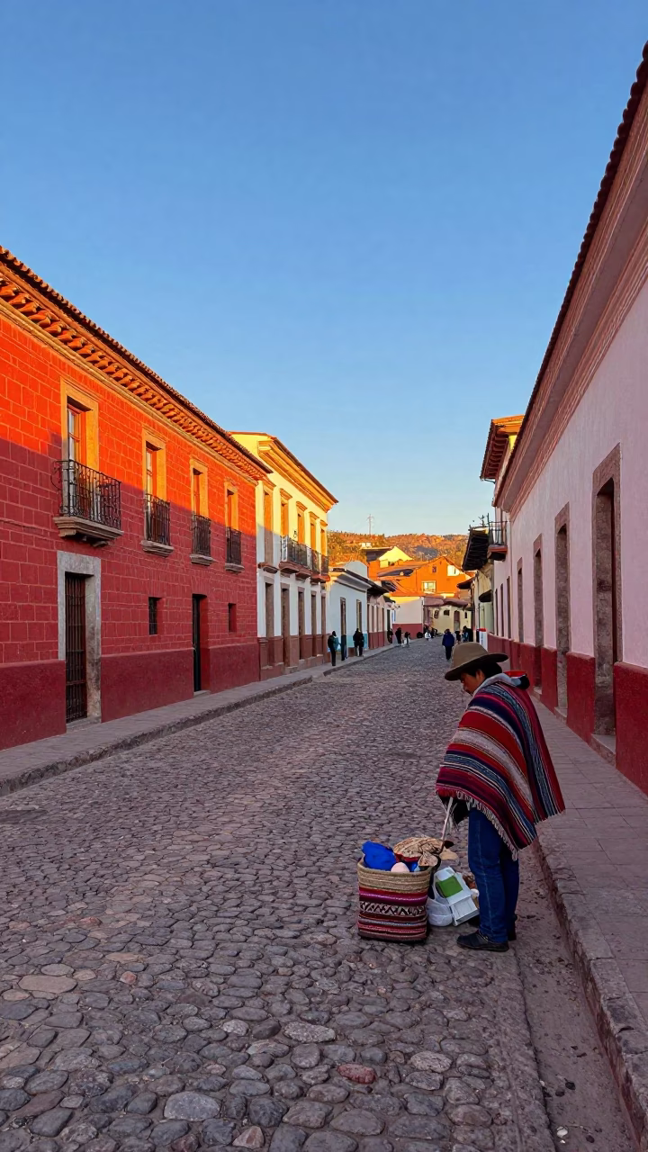 Colorful 1970s La Paz Bolivia Street Scene Morning Light on Red Brick Architecture in in La Paz, Bolivia