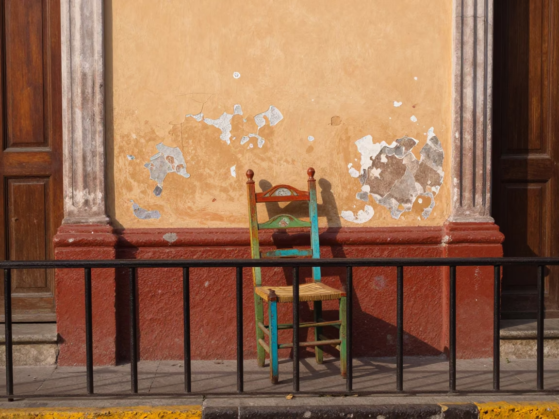 Colorful 1970s Lima Street Scene with Ladder-Back Chair and Smudged Rail in in Lima, Peru