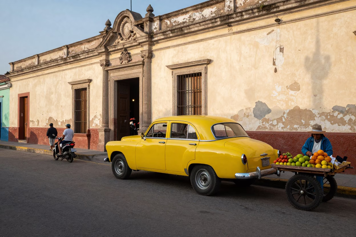 Colorful 1970s Lima Street Scene with Vintage Car and Colonial Architecture in in Lima, Peru