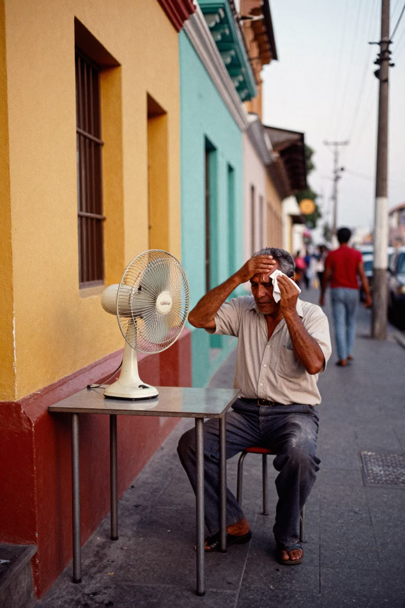 Colorful 1970s Lima Street Scene with Vintage Table Fan and Camellia Bloom in in Lima, Peru