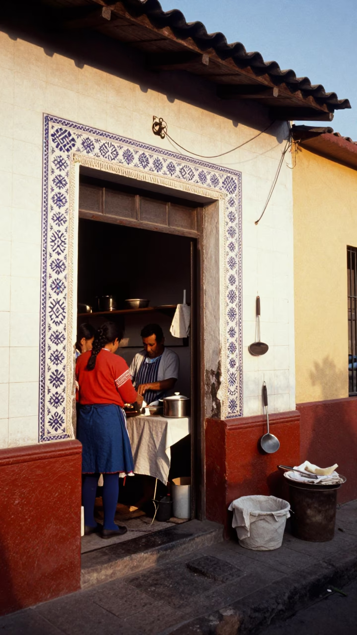 Colorful 1970s Lima Street Scene with Whisks and Linen Fringe in in Lima, Peru