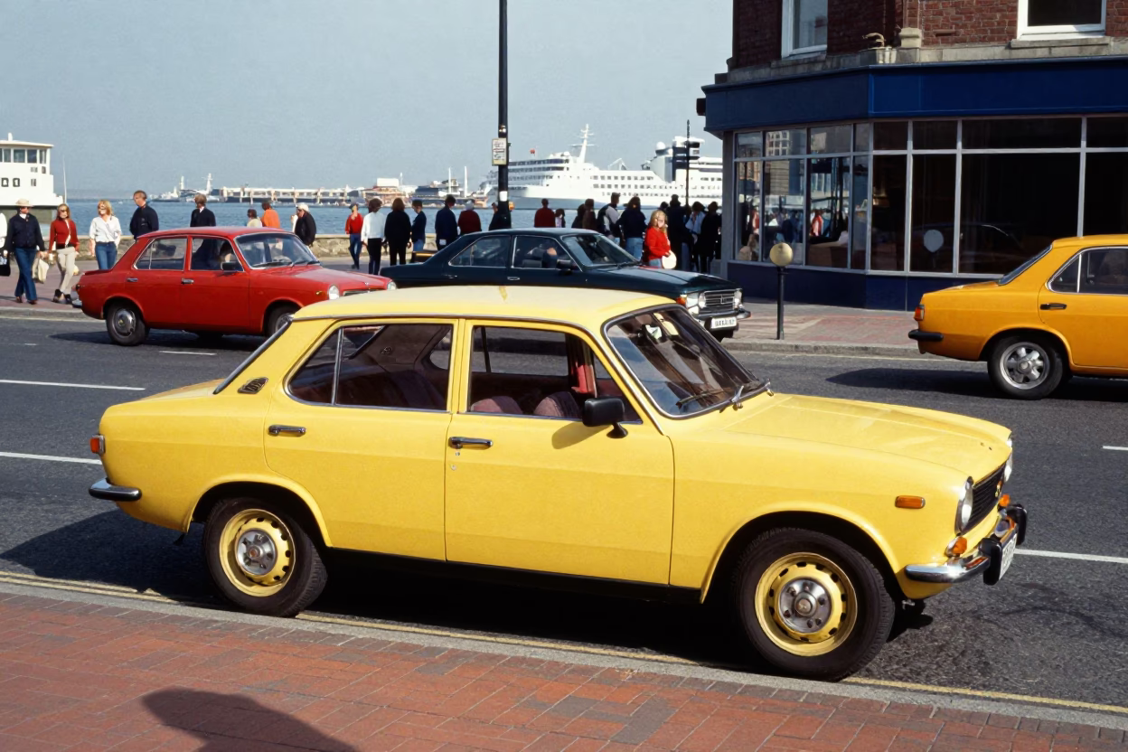Colorful 1970s Liverpool Street Scene with Vintage Cars and Pedestrians in Late Morning Light in in Liverpool, United Kingdom
