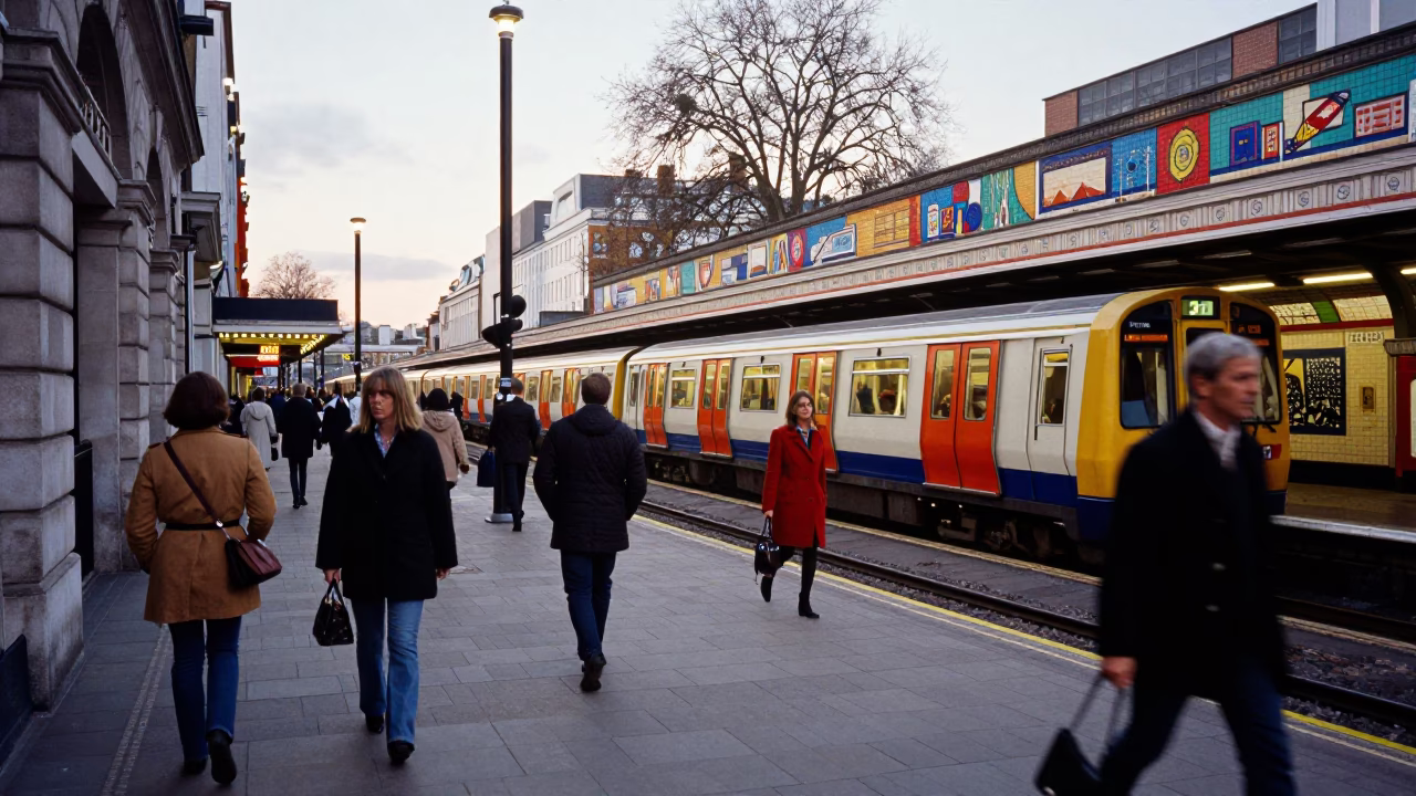 Colorful 1970s London Street Scene with Metro Train and Shawarma Vendor in in London, United Kingdom