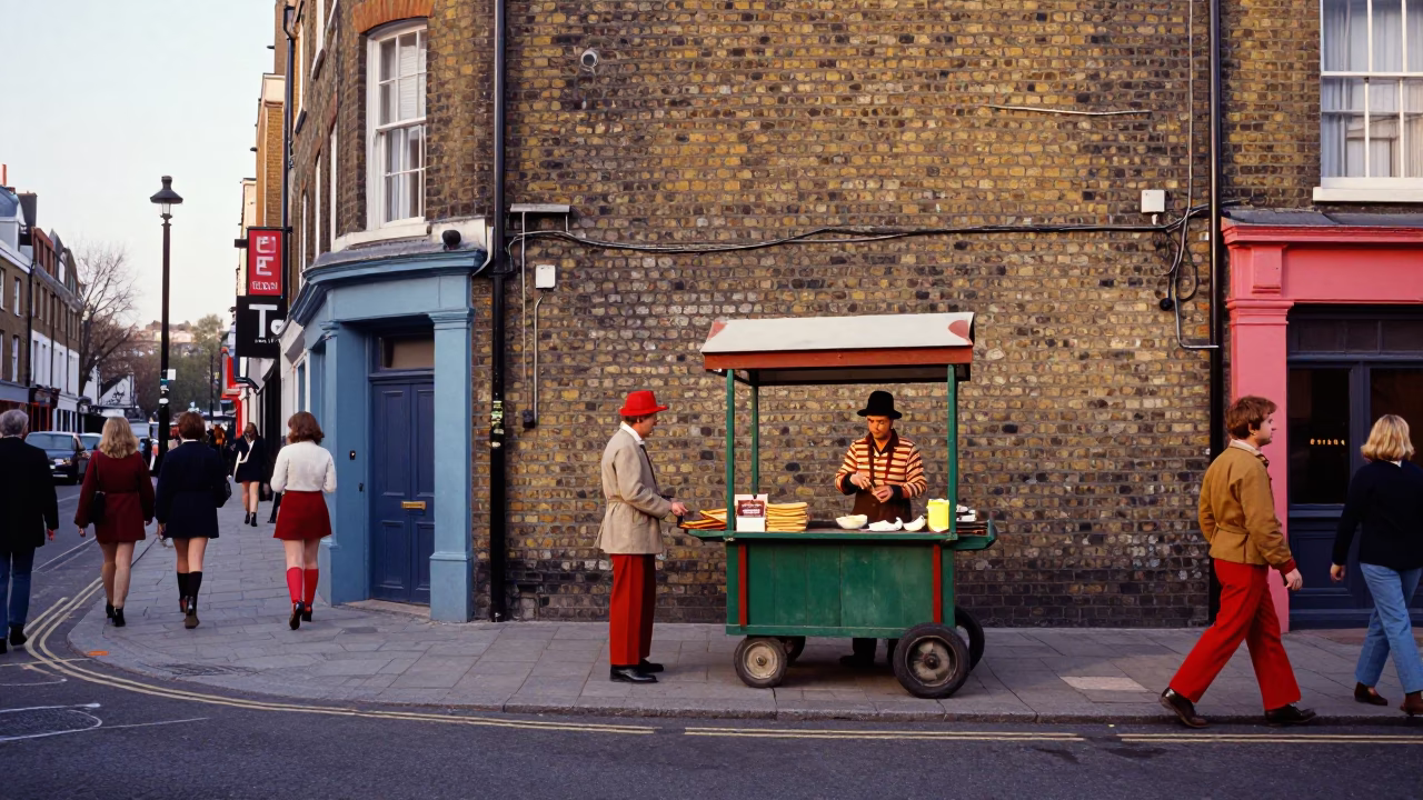 Colorful 1970s London Street Scene with Rolling Carts and Ivy at Dawn in in London, United Kingdom