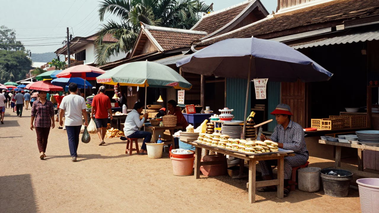 Colorful 1970s Luang Prabang Street Scene with Local Market Goods and Traditional Architecture in in Luang Prabang, Laos
