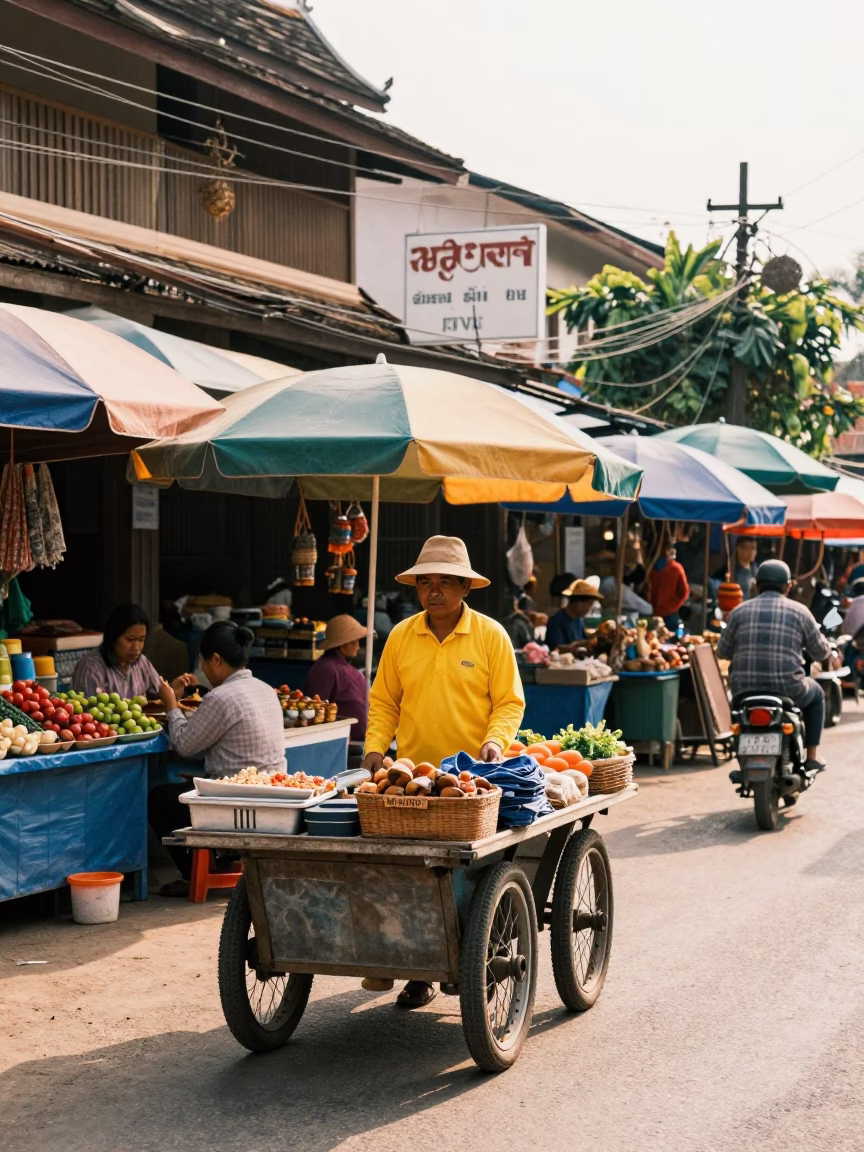 Colorful 1970s Luang Prabang Street Scene with Local Market Vendor and Traditional Alms Bowls in in Luang Prabang, Laos