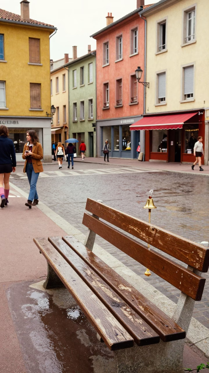 Colorful 1970s Lyon Street Scene with Bell and Water Rings on Bench in in Lyon, France