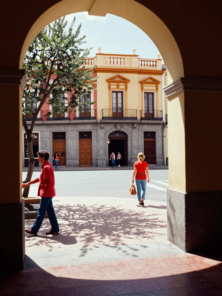 Colorful 1970s Madrid Street Scene with Olive Branch and Doorframe Detail at Midday in in Madrid, Spain