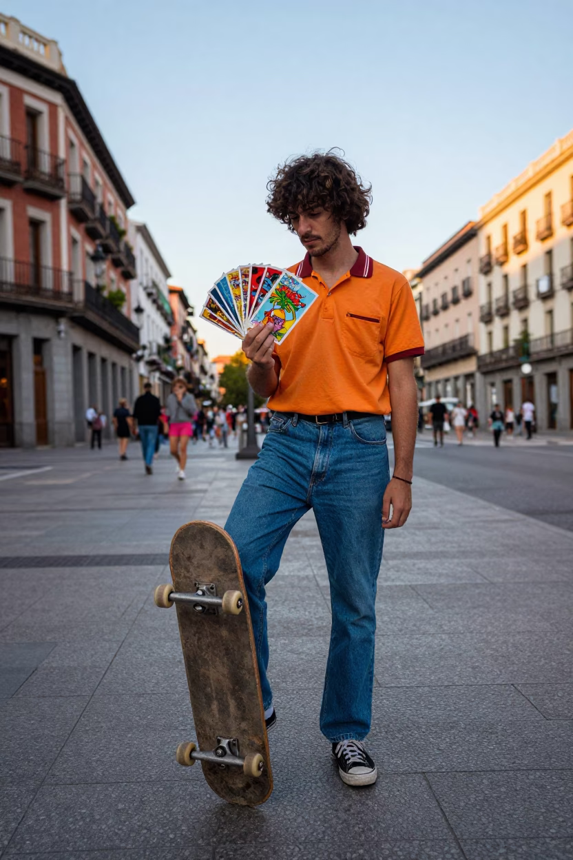 Colorful 1970s Madrid Street Scene with Skateboard and Postcards in in Madrid, Spain