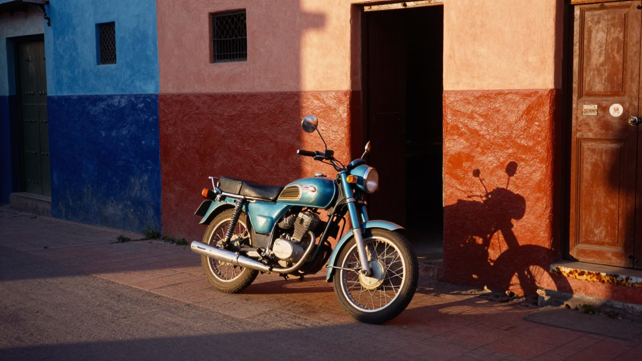 Colorful 1970s Marrakech Evening Street Scene with Vintage Motorcycle and Local Interaction in in Marrakech, Morocco