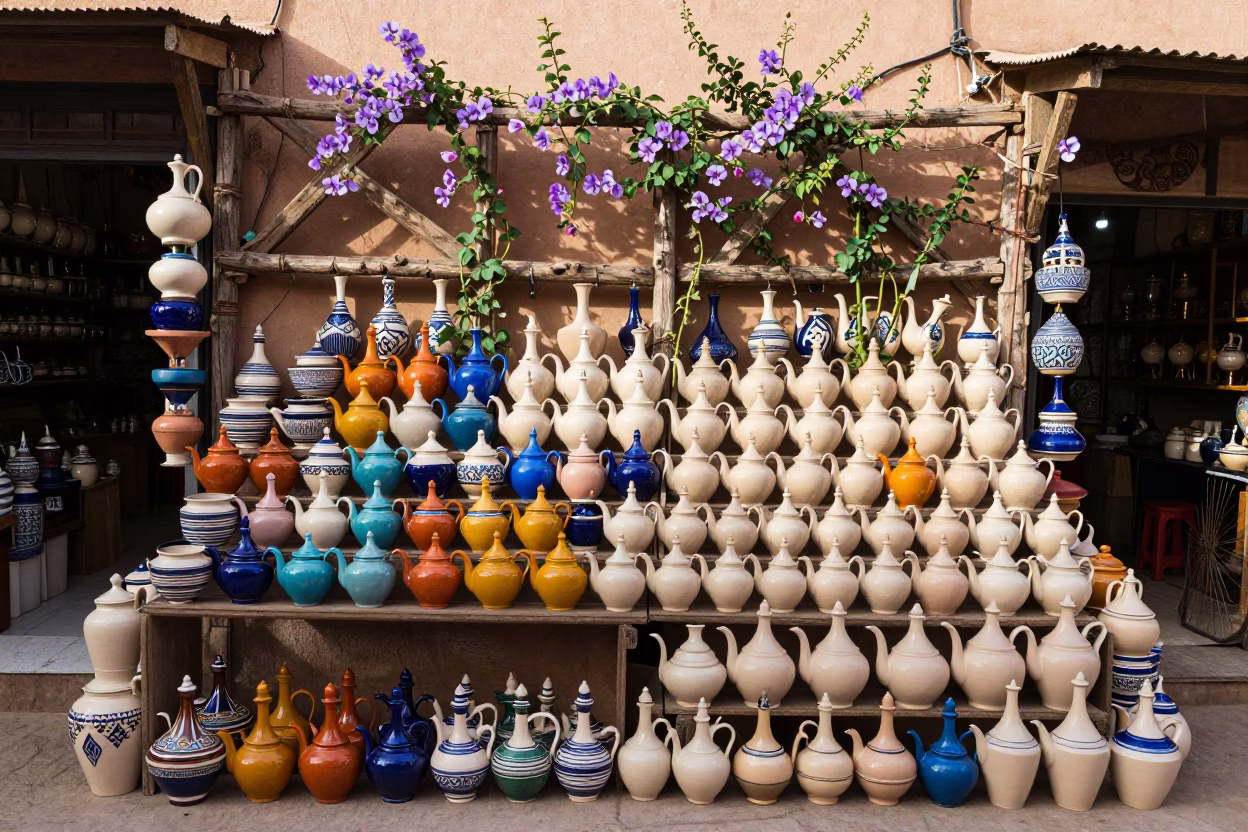 Colorful 1970s Marrakech Souk Stall with Ceramic Teapots and Rustic Trellis in in Marrakech, Morocco