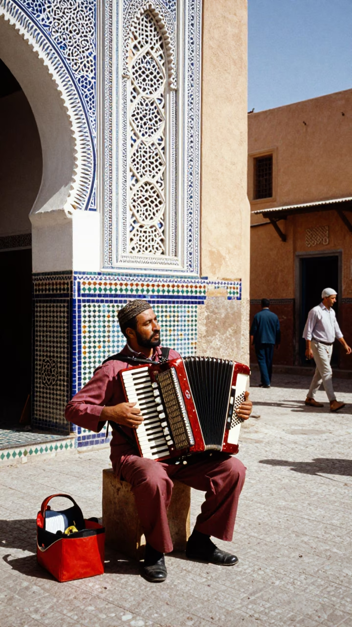 Colorful 1970s Marrakech Street Scene with Accordion Musician and Traditional Architecture in in Marrakech, Morocco