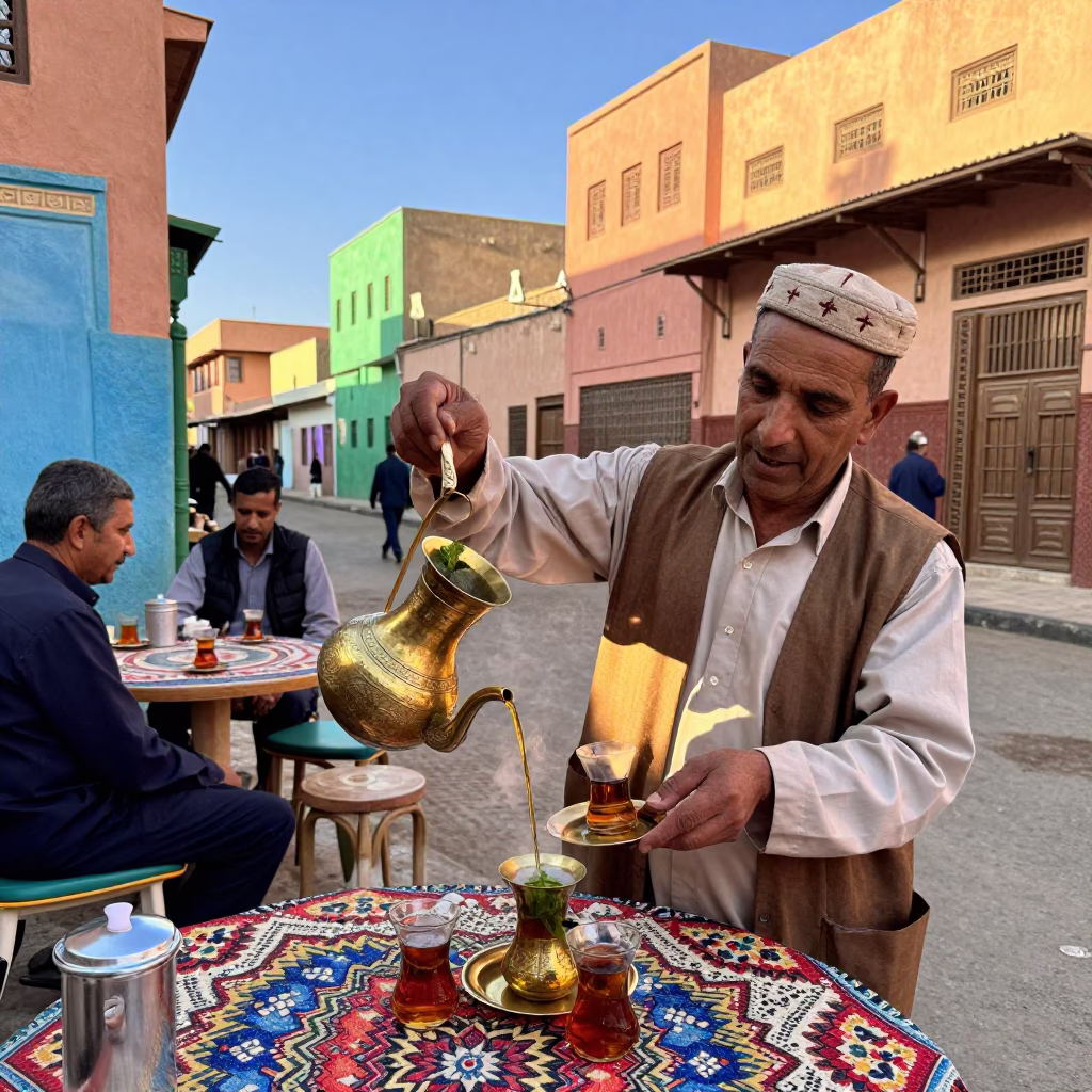 Colorful 1970s Marrakech Street Scene with Ladle and Sugar Bowl in in Marrakech, Morocco