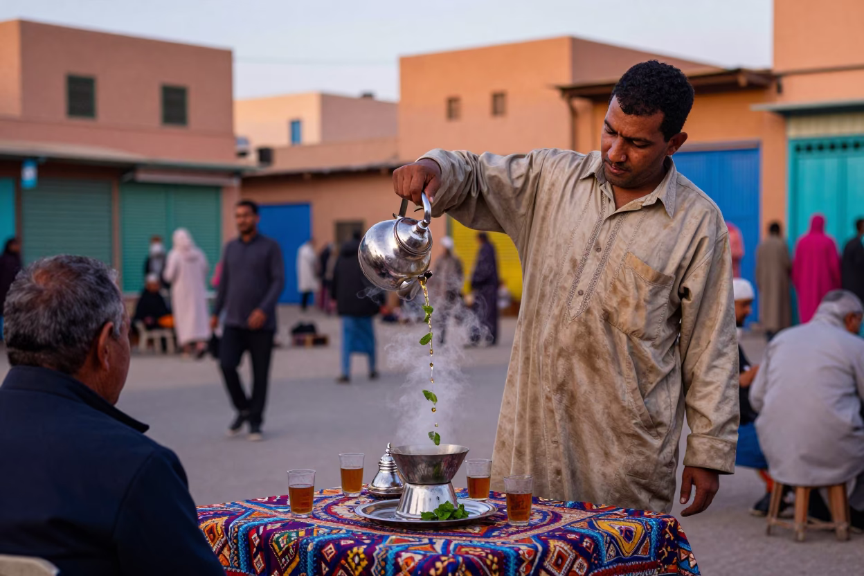 Colorful 1970s Marrakech Street Scene with Teapot and Glass Cup in in Marrakech, Morocco