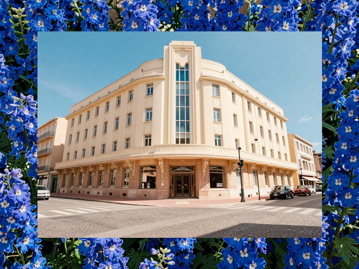 Colorful 1970s Marseille Street Scene with Art Deco Hotel Facade and Delphinium Border in in Marseille, France
