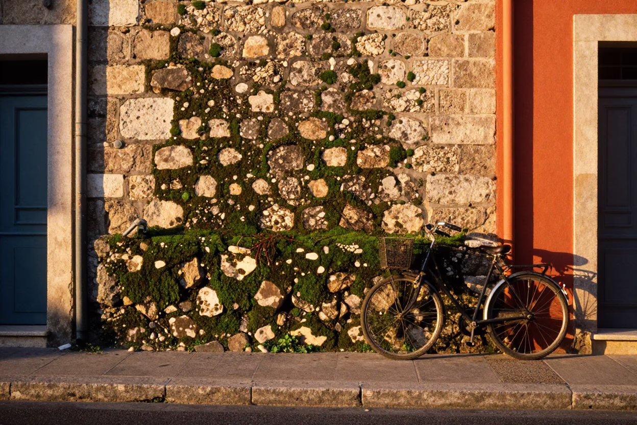 Colorful 1970s Marseille Street Scene with Mossy Stone Wall and Watering Can in in Marseille, France