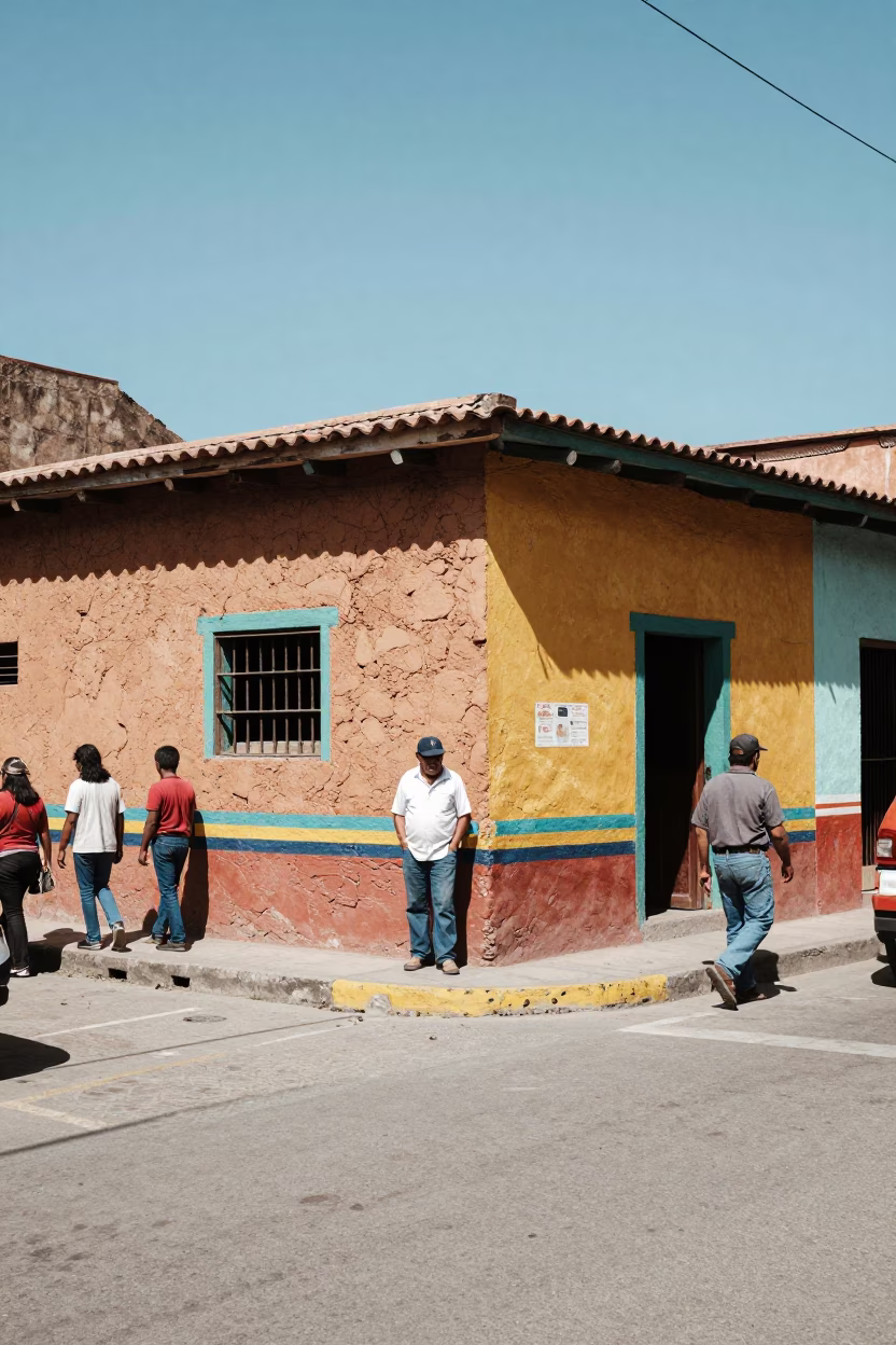 Colorful 1970s Medellin Colombia Street Scene with Paint Flecks and Construction in in Medellin, Colombia