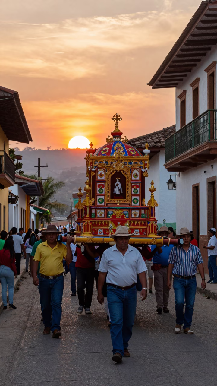 Colorful 1970s Medellin Street Procession at Sunset with Traditional Float and Spectators in in Medellin, Colombia