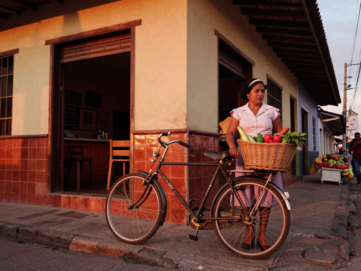 Colorful 1970s Medellin Street Scene with Bicycle and Market Basket in Copper Dusk Light in in Medellin, Colombia