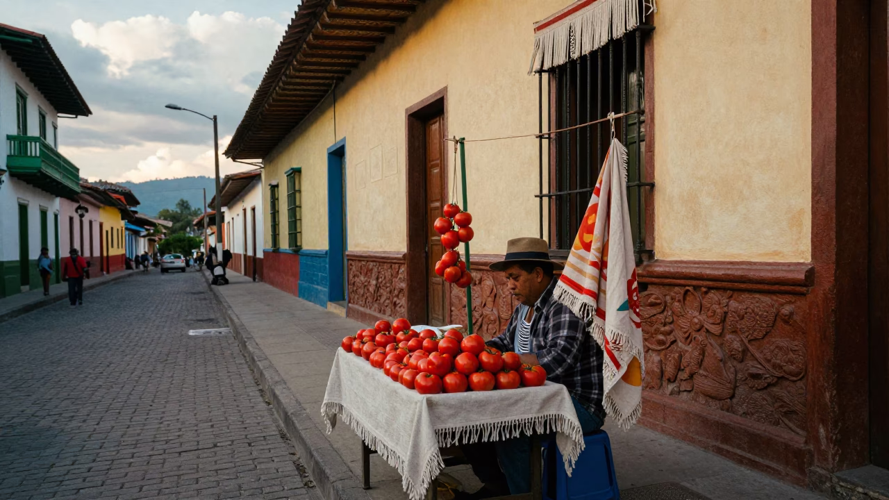 Colorful 1970s Medellin Street Scene with Linen Fringe and Tomatoes in in Medellin, Colombia