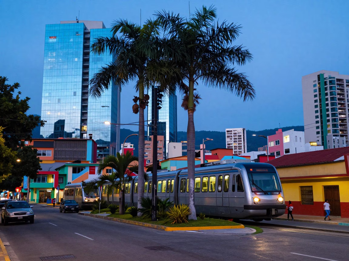Colorful 1970s Medellin Street Scene with Monorail and Palm Trees at Nautical Dawn in in Medellin, Colombia