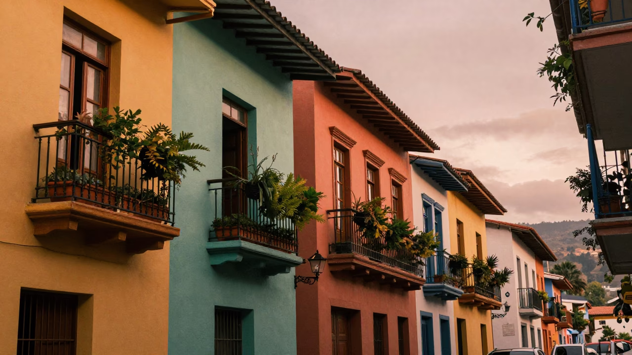 Colorful 1970s Medellin Street Scene with Window Boxes in Copper Dusk Light in in Medellin, Colombia