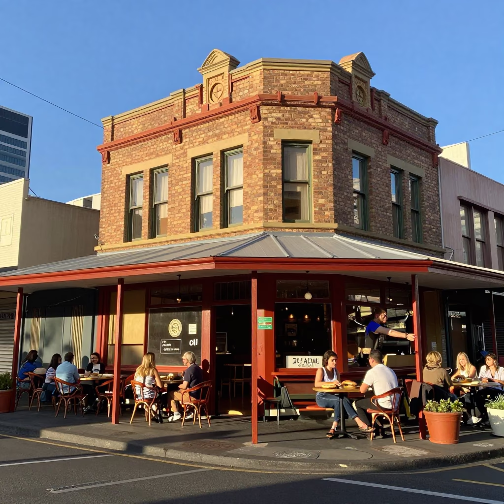 Colorful 1970s Melbourne Cafe Street Scene with Fresh Banh Mi Plate and Cilantro in in Melbourne, Victoria, Australia