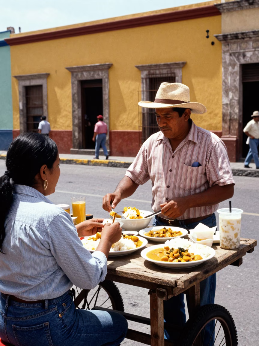 Colorful 1970s Merida Mexico Street Scene with Local Food and Vintage Details in in Merida, Mexico