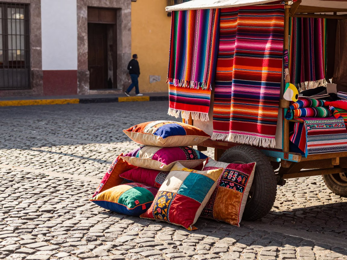 Colorful 1970s Merida Street Scene with Patchwork Pillows and Local Life in in Merida, Mexico
