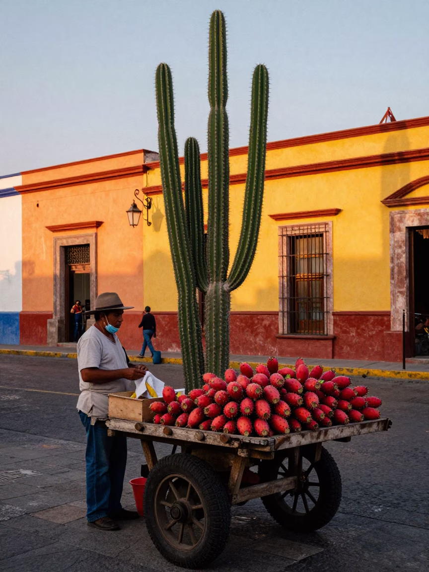 Colorful 1970s Mexico City Street Scene with Prickly Pear Cactus and Daily Life in in Mexico City, Mexico