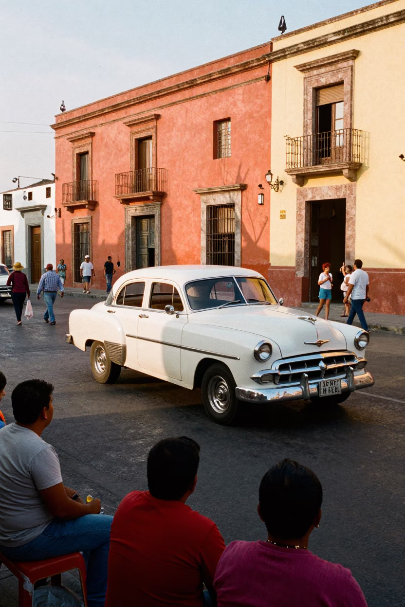 Colorful 1970s Mexico City Street Scene with Vintage Car and Woven Market Mats in in Mexico City, Mexico