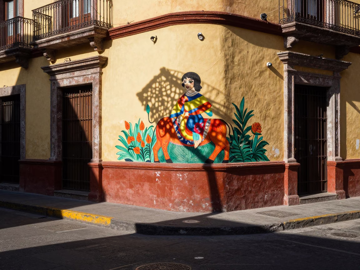 Colorful 1970s Mexico City Street Scene with Wicker Shadow and Lively Market Atmosphere in in Mexico City, Mexico